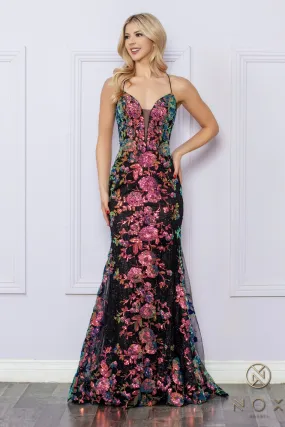 Long Sequin Floral Applique Mermaid Dress_R1439