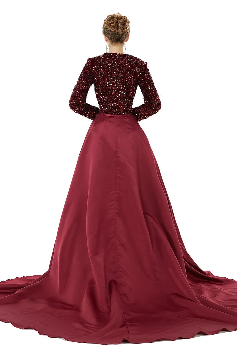 Long sleeve Sequin Prom Dresses with Detachable Skirt