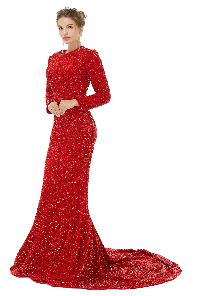 Long sleeve Sequin Prom Dresses with Detachable Skirt