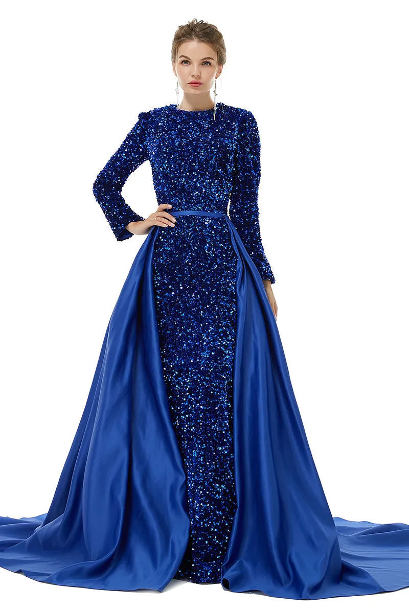 Long sleeve Sequin Prom Dresses with Detachable Skirt