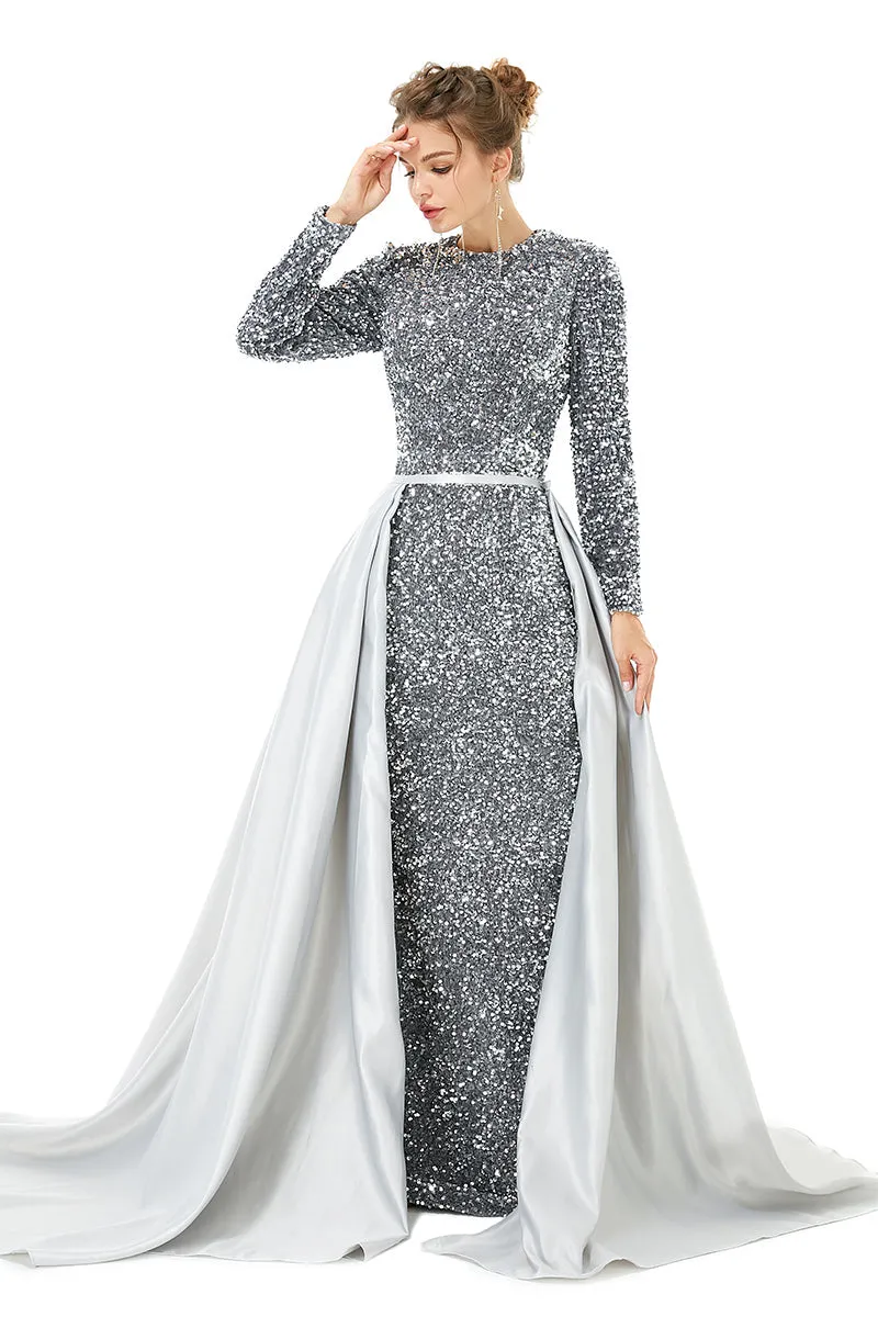 Long sleeve Sequin Prom Dresses with Detachable Skirt