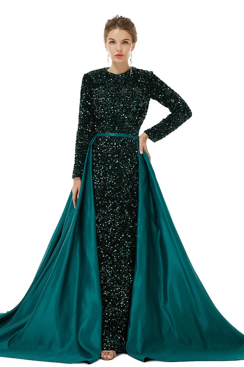 Long sleeve Sequin Prom Dresses with Detachable Skirt