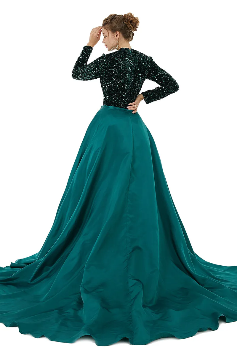 Long sleeve Sequin Prom Dresses with Detachable Skirt