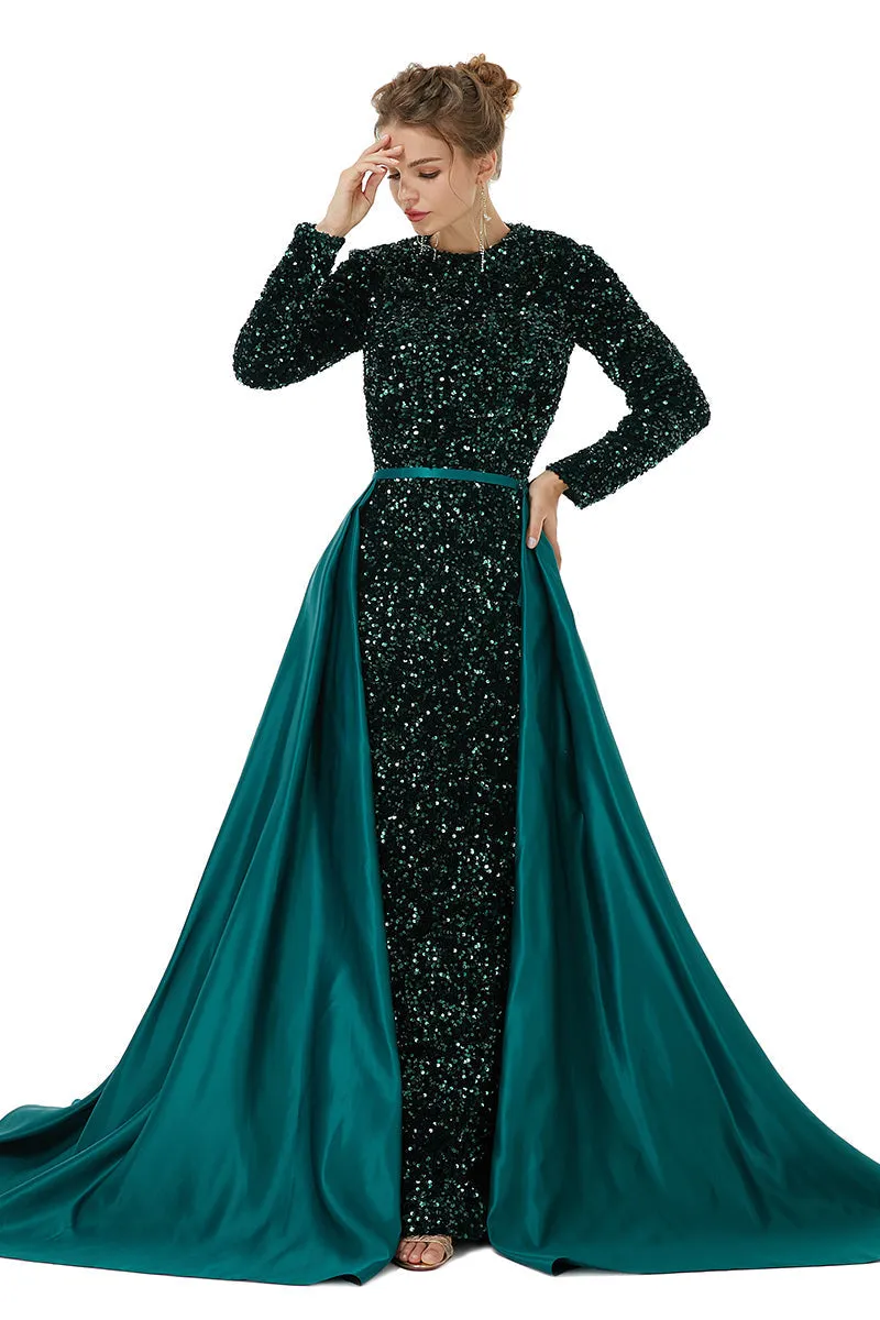 Long sleeve Sequin Prom Dresses with Detachable Skirt