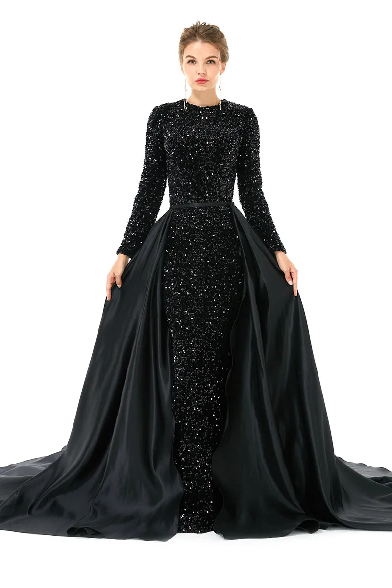 Long sleeve Sequin Prom Dresses with Detachable Skirt