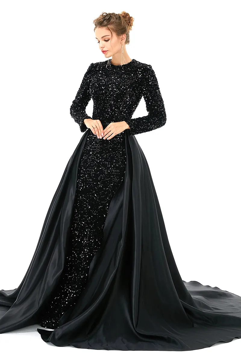 Long sleeve Sequin Prom Dresses with Detachable Skirt