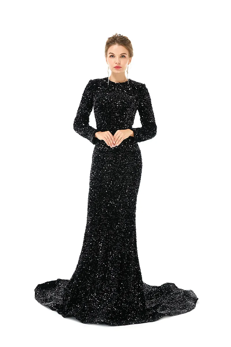 Long sleeve Sequin Prom Dresses with Detachable Skirt