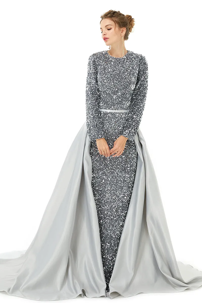 Long sleeve Sequin Prom Dresses with Detachable Skirt