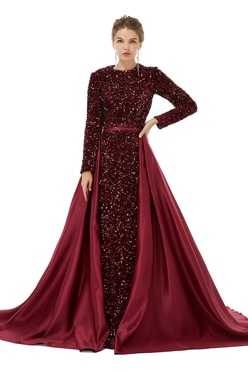 Long sleeve Sequin Prom Dresses with Detachable Skirt