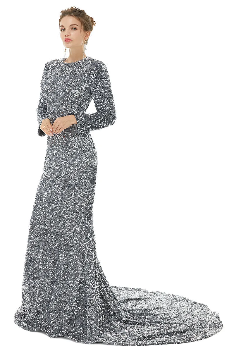 Long sleeve Sequin Prom Dresses with Detachable Skirt