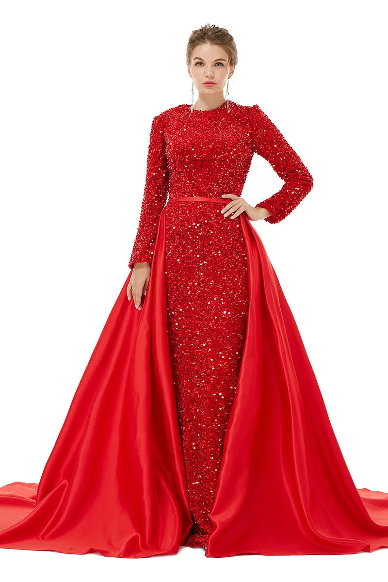 Long sleeve Sequin Prom Dresses with Detachable Skirt