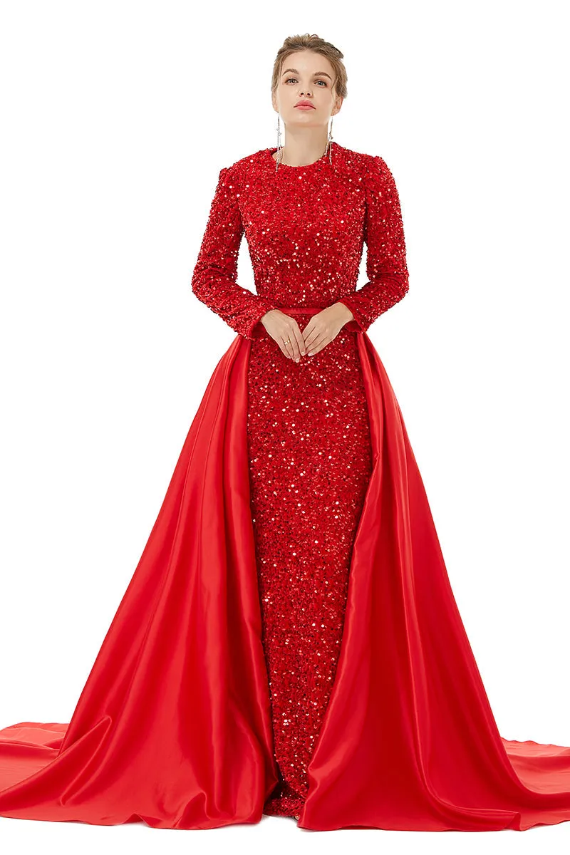 Long sleeve Sequin Prom Dresses with Detachable Skirt