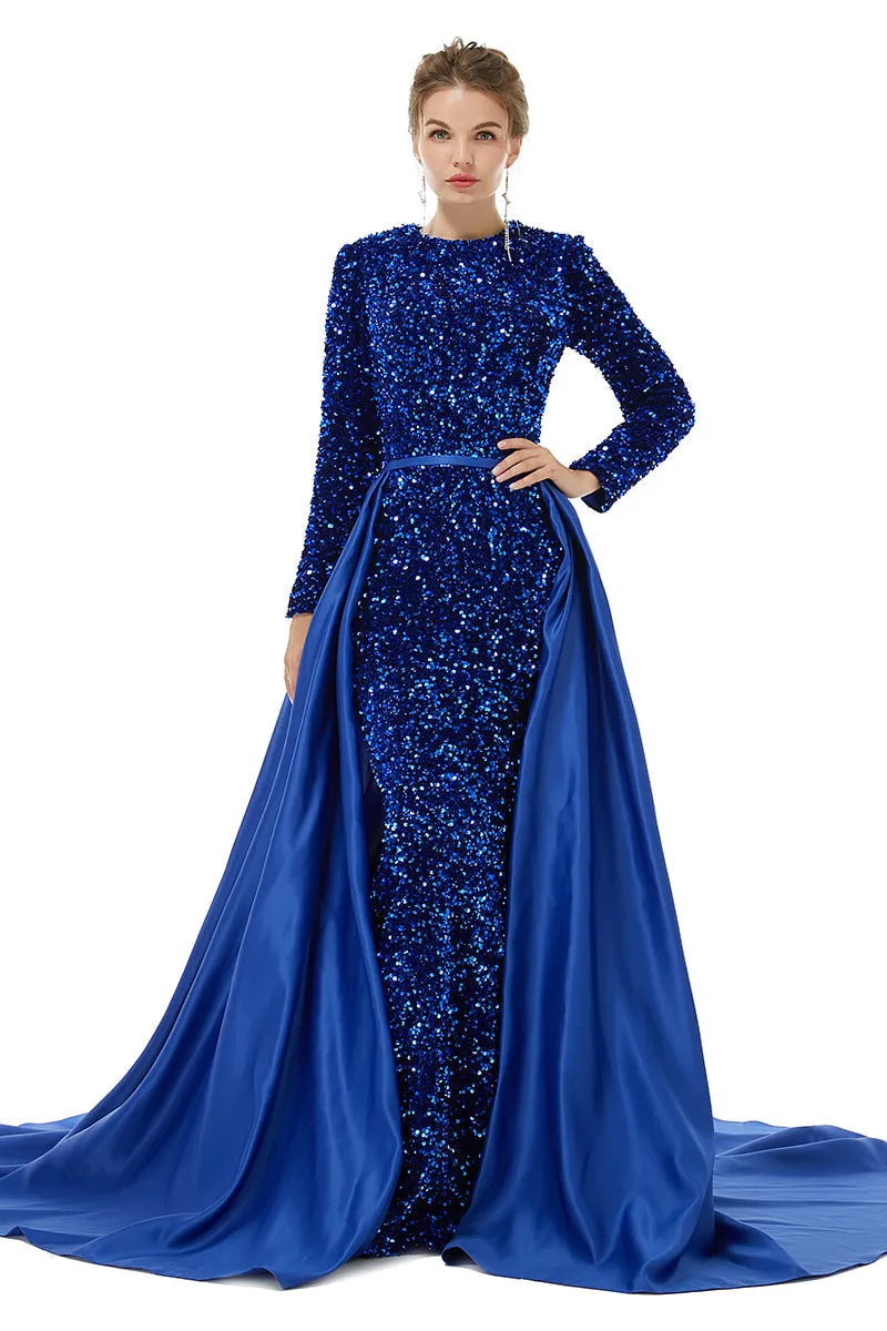 Long sleeve Sequin Prom Dresses with Detachable Skirt