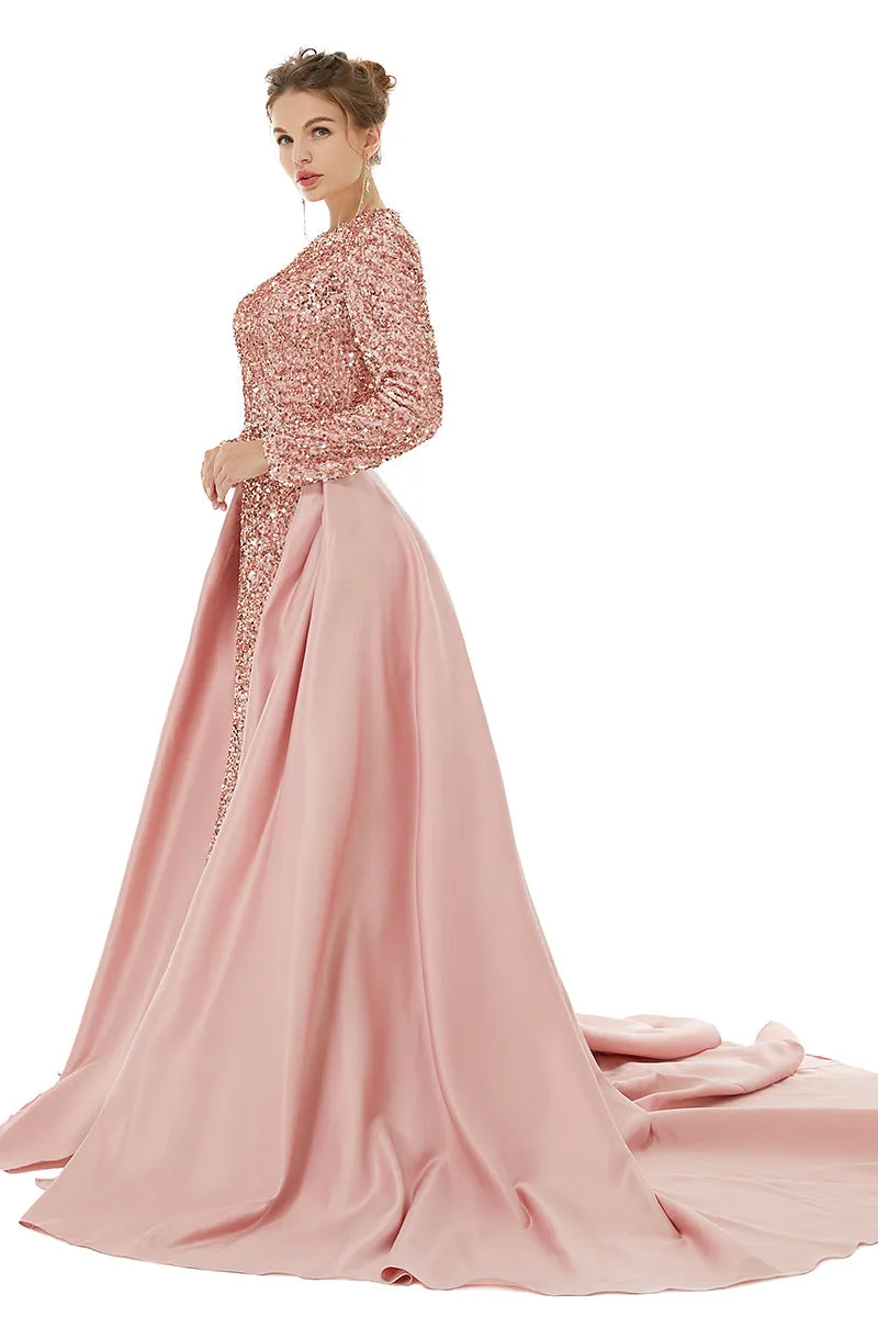 Long sleeve Sequin Prom Dresses with Detachable Skirt