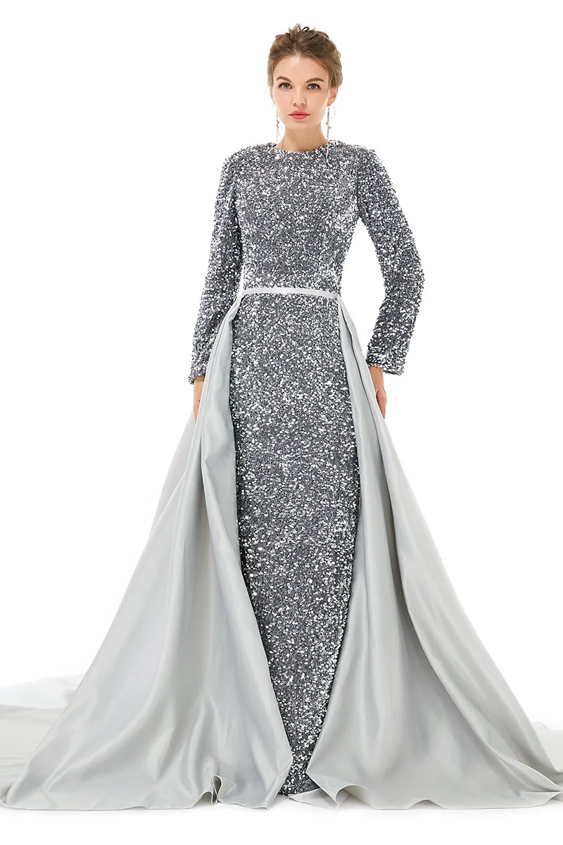 Long sleeve Sequin Prom Dresses with Detachable Skirt