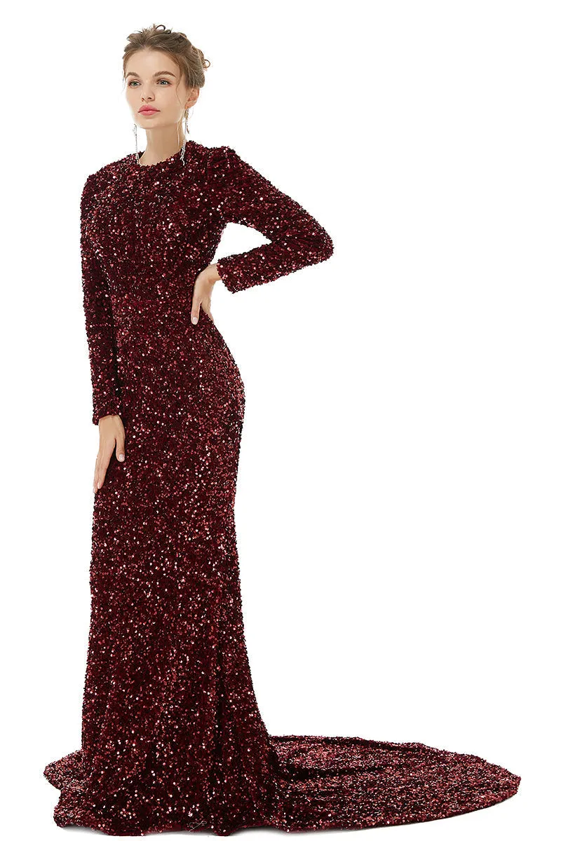 Long sleeve Sequin Prom Dresses with Detachable Skirt