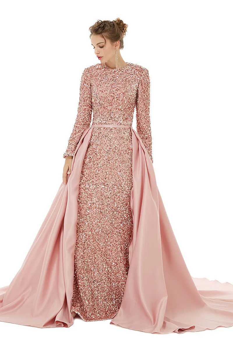 Long sleeve Sequin Prom Dresses with Detachable Skirt