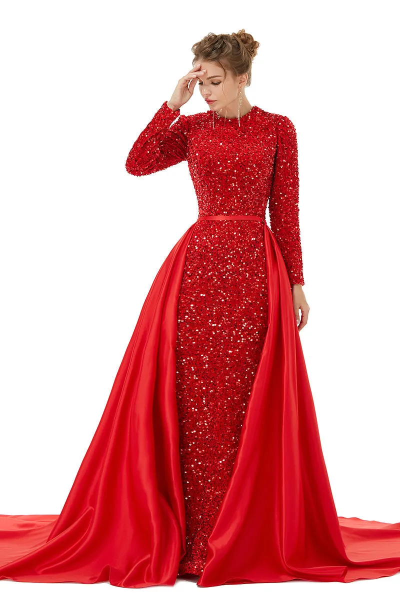 Long sleeve Sequin Prom Dresses with Detachable Skirt