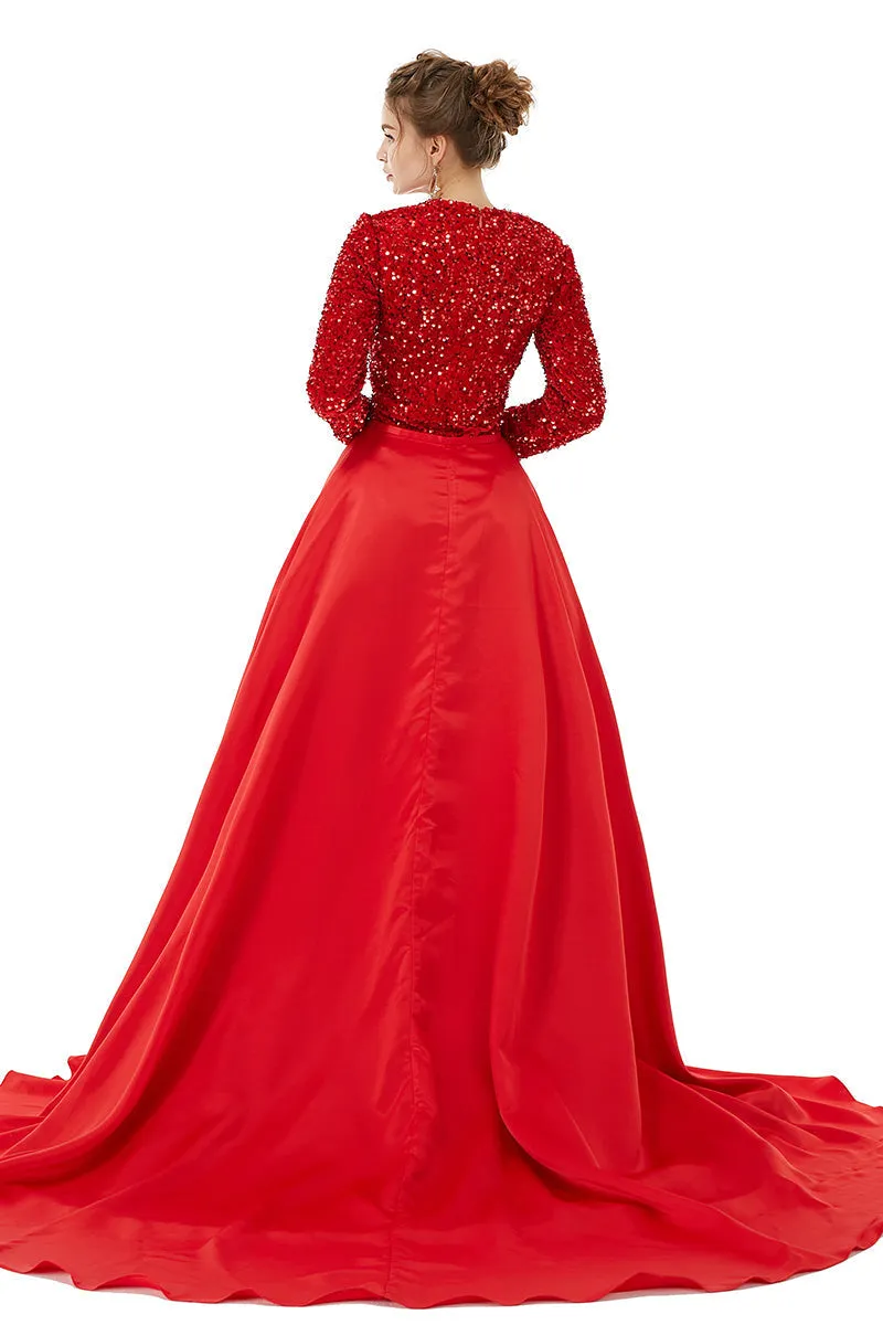 Long sleeve Sequin Prom Dresses with Detachable Skirt