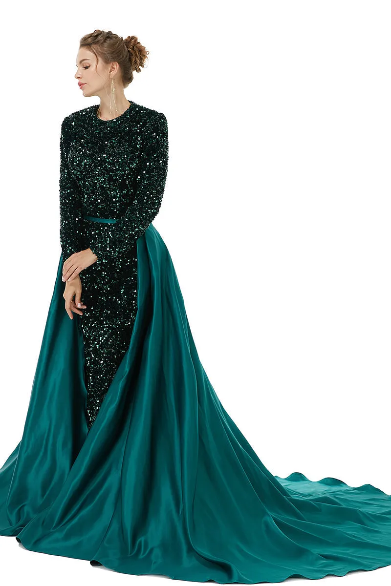 Long sleeve Sequin Prom Dresses with Detachable Skirt