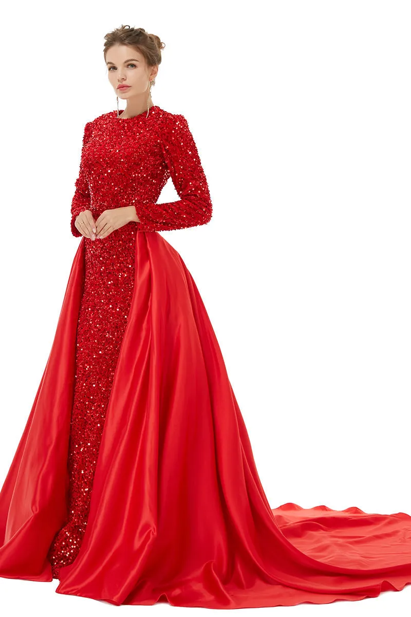 Long sleeve Sequin Prom Dresses with Detachable Skirt