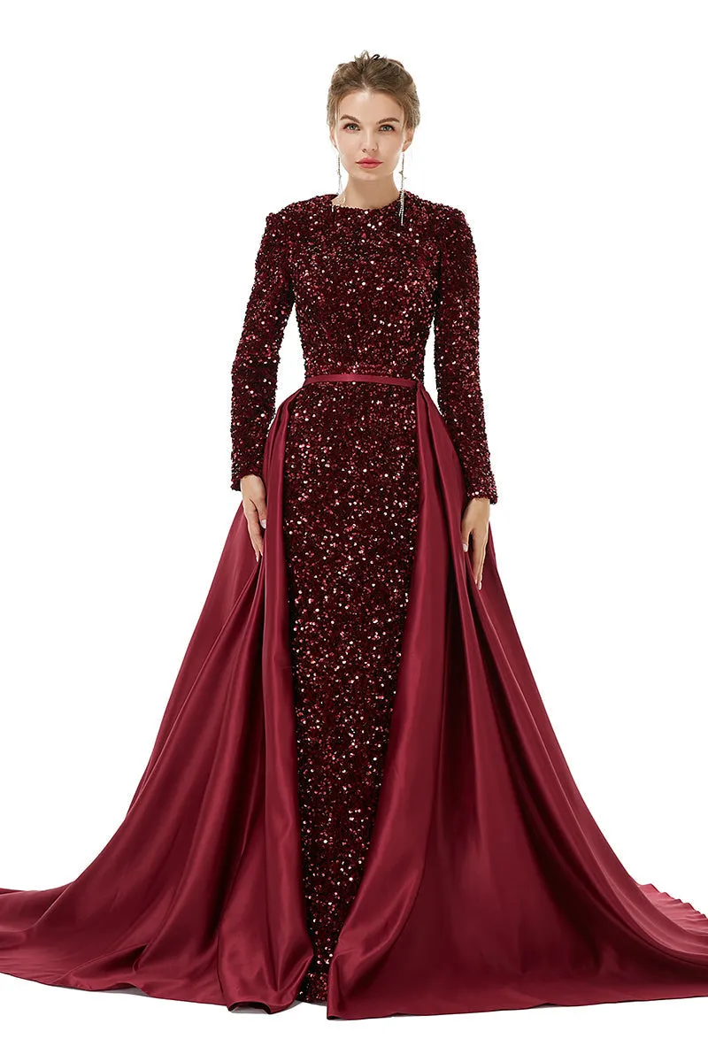 Long sleeve Sequin Prom Dresses with Detachable Skirt