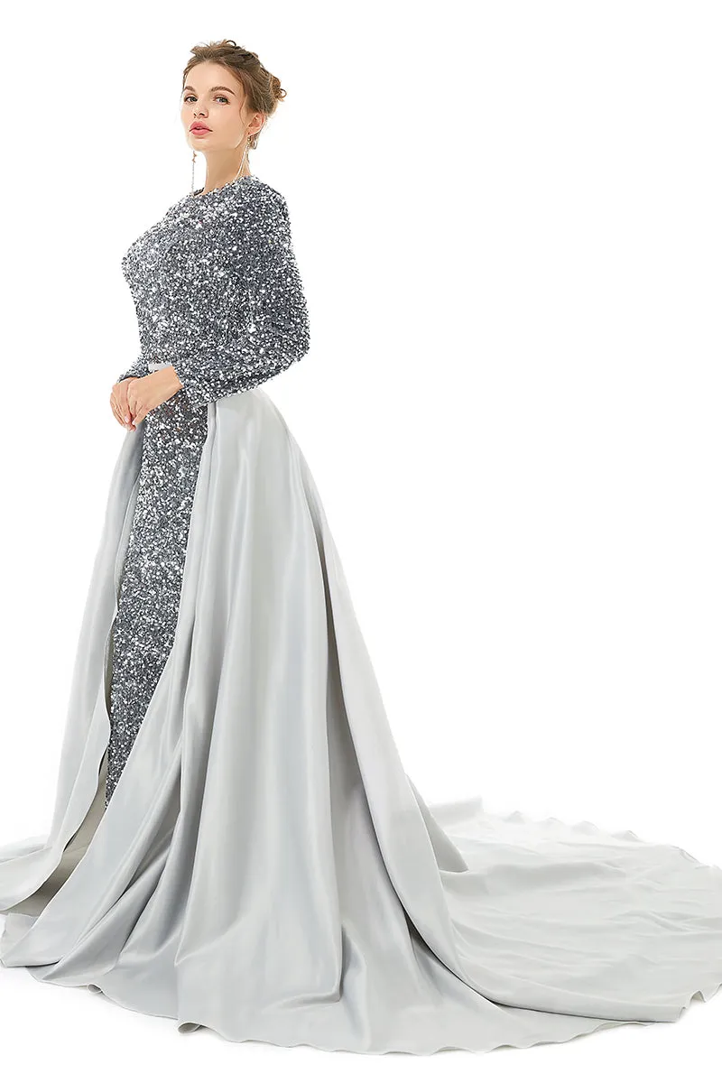 Long sleeve Sequin Prom Dresses with Detachable Skirt