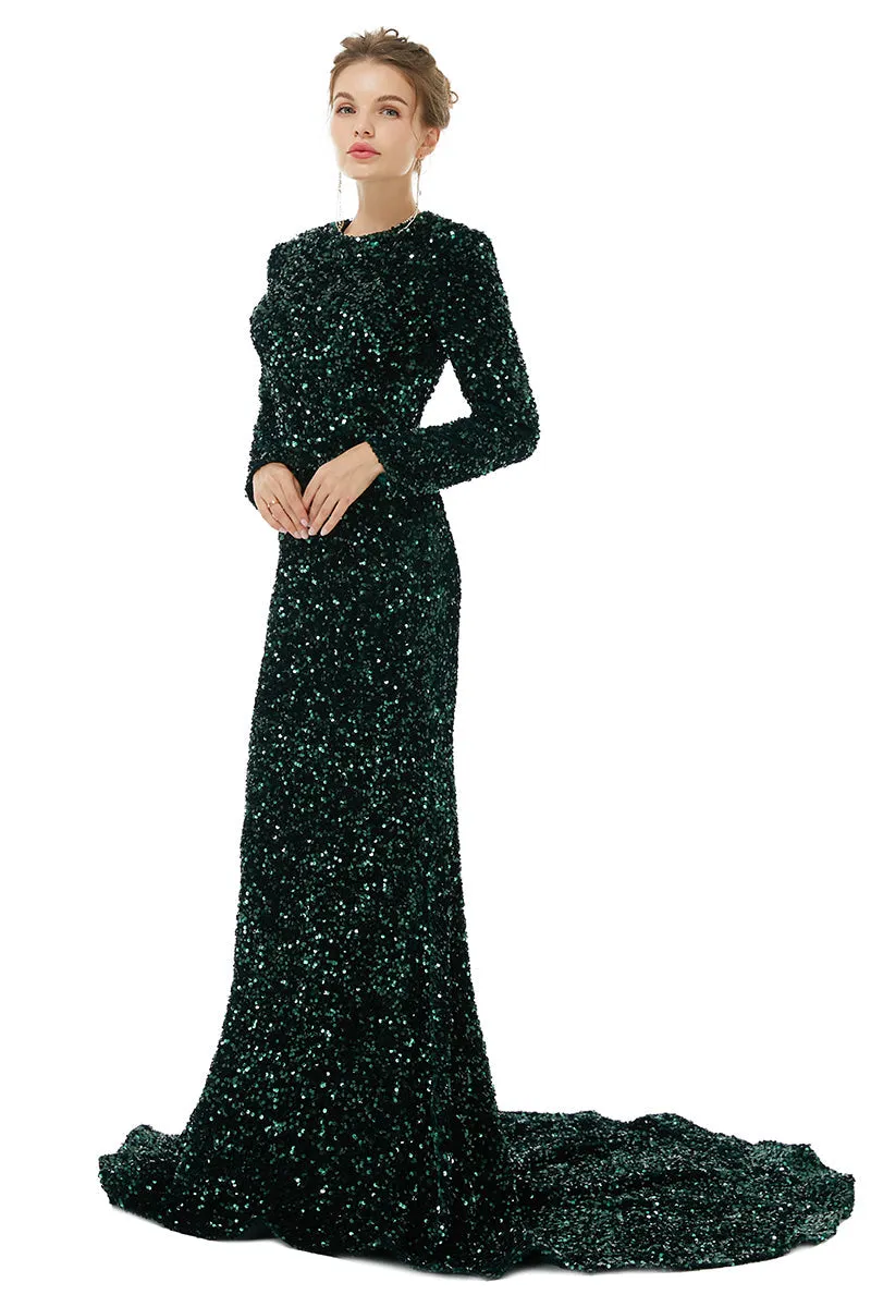 Long sleeve Sequin Prom Dresses with Detachable Skirt