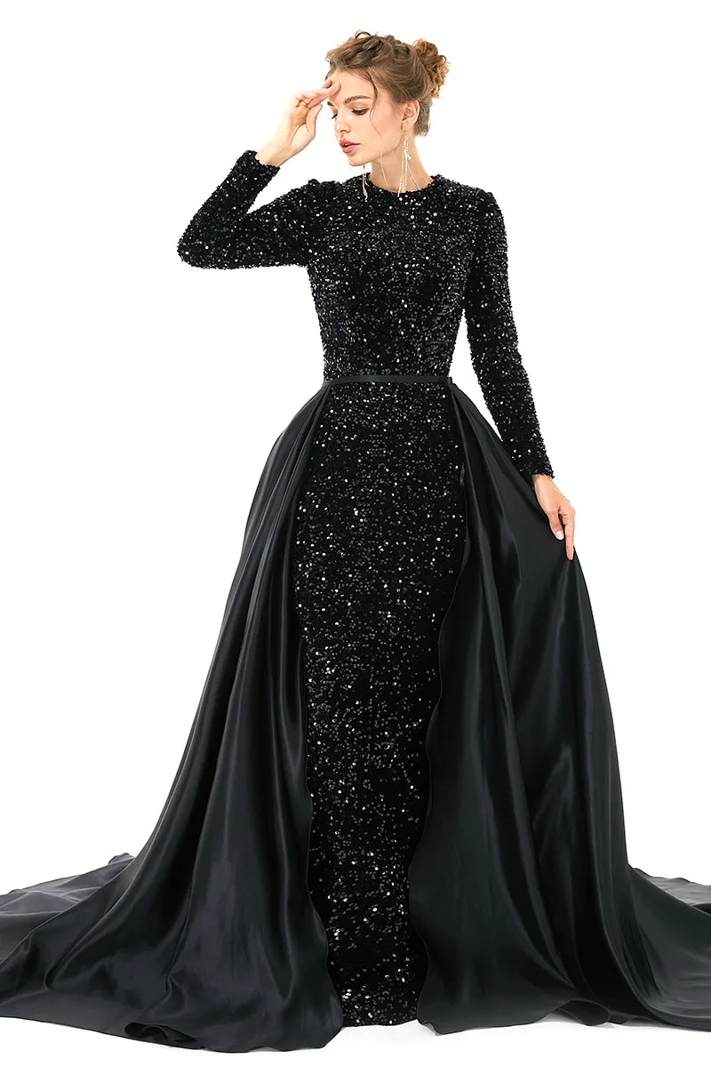 Long sleeve Sequin Prom Dresses with Detachable Skirt