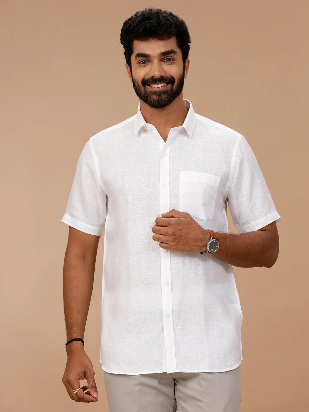 Men 100% Pure Linen White Shirt Self Design 1546JF