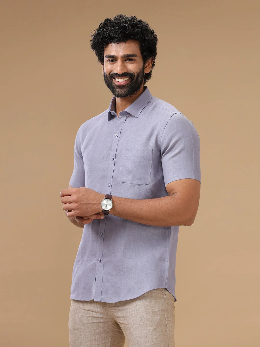 Men Pure Linen Shirt Purple - L108