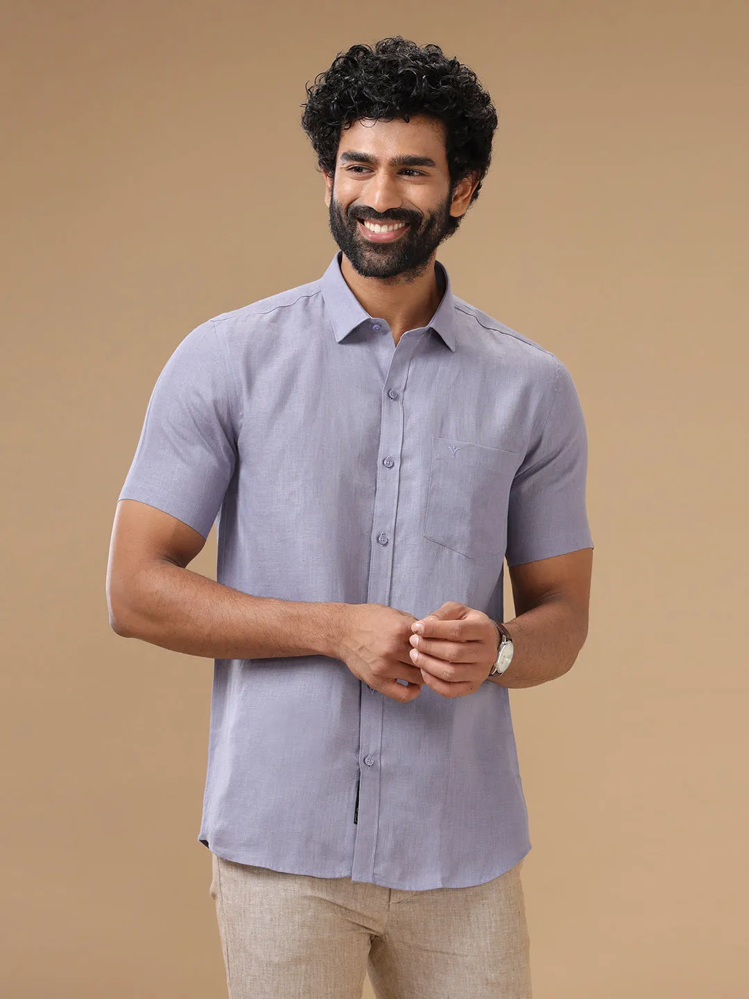 Men Pure Linen Shirt Purple - L108