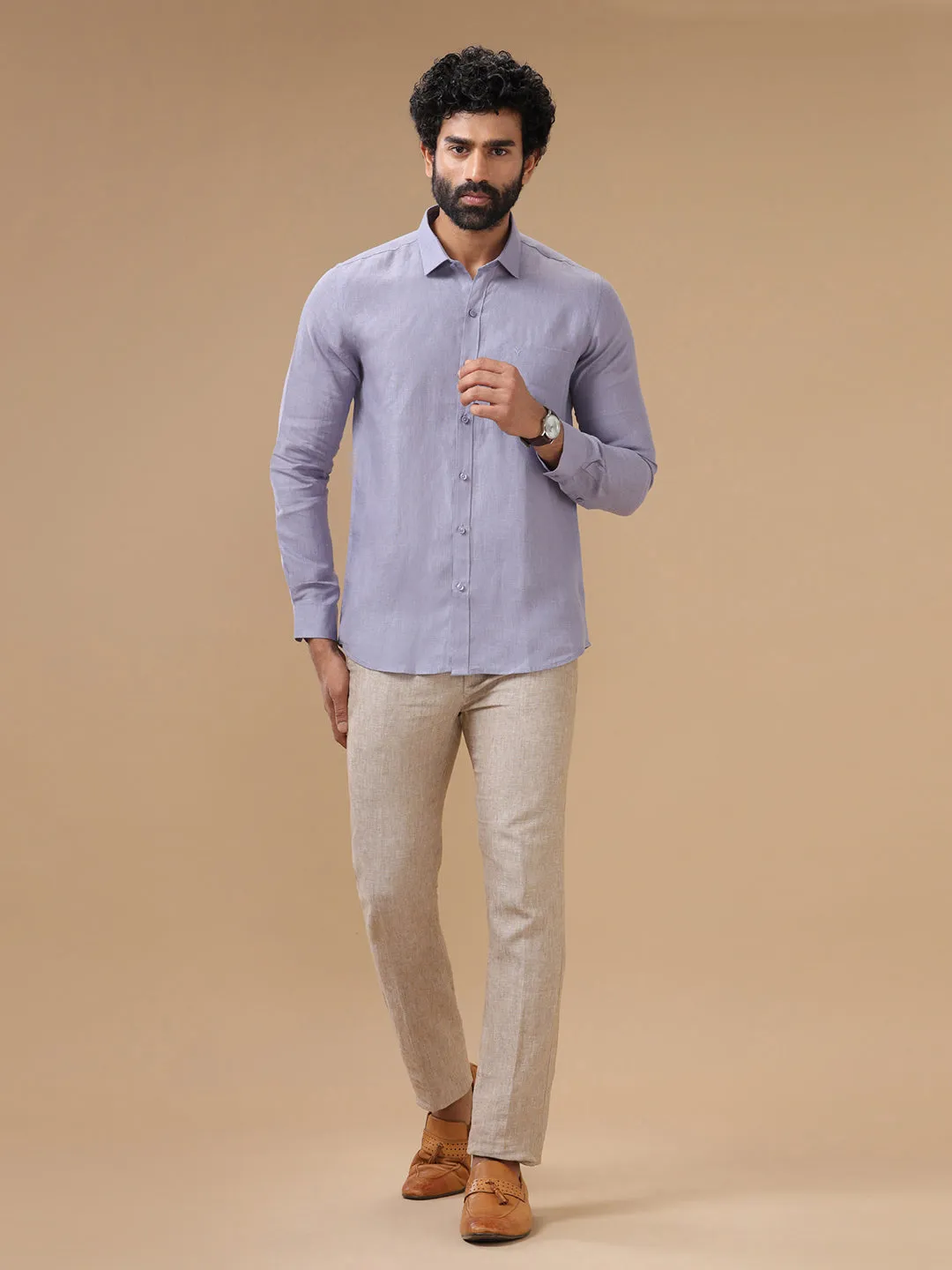 Men Pure Linen Shirt Purple - L108