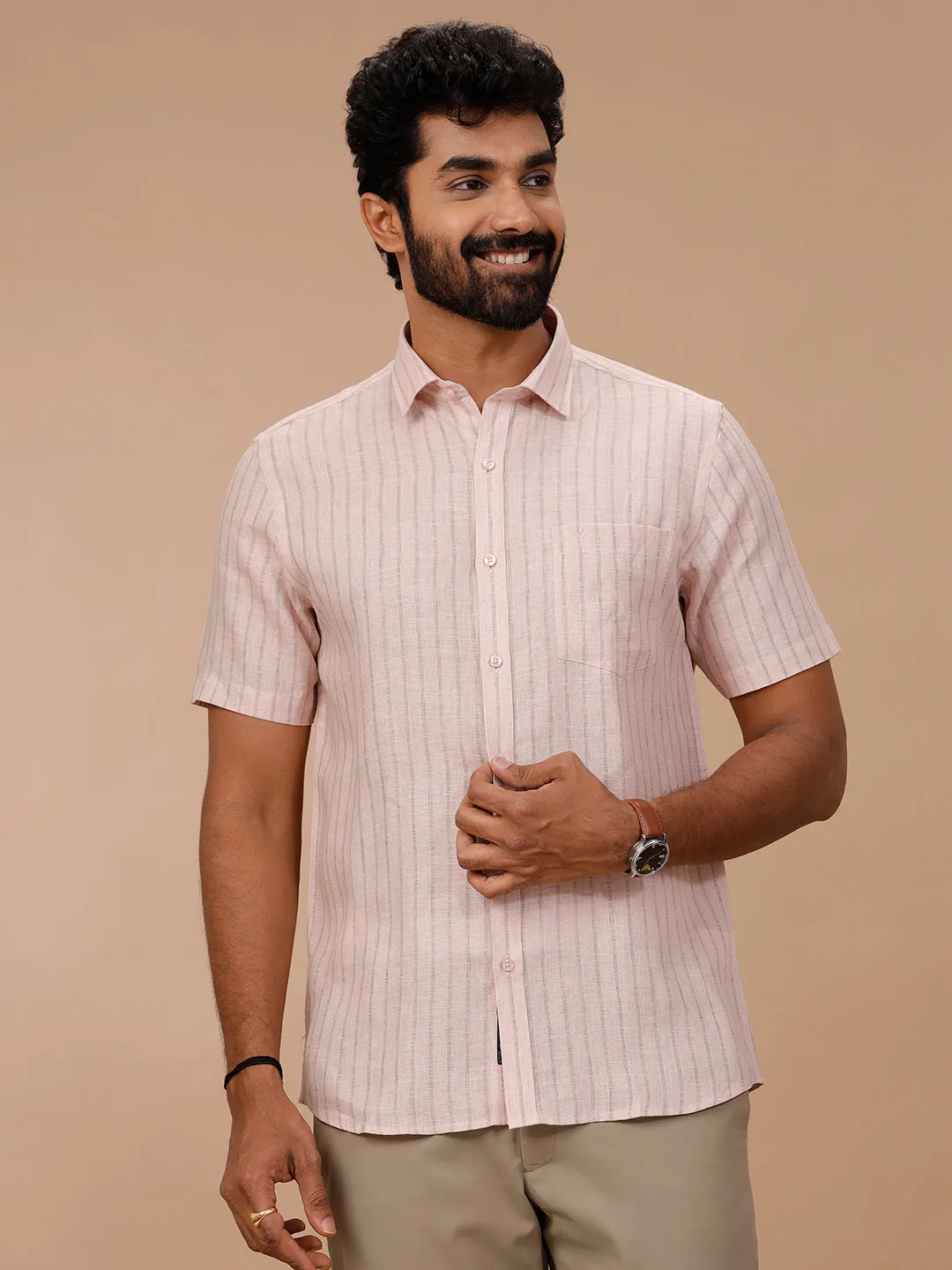 Men Pure Linen Striped Shirt Pink - LS86