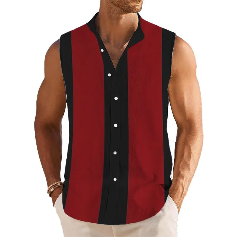 Men's Breathable Linen Lapel Beach Sleeveless Shirt 29241117YM