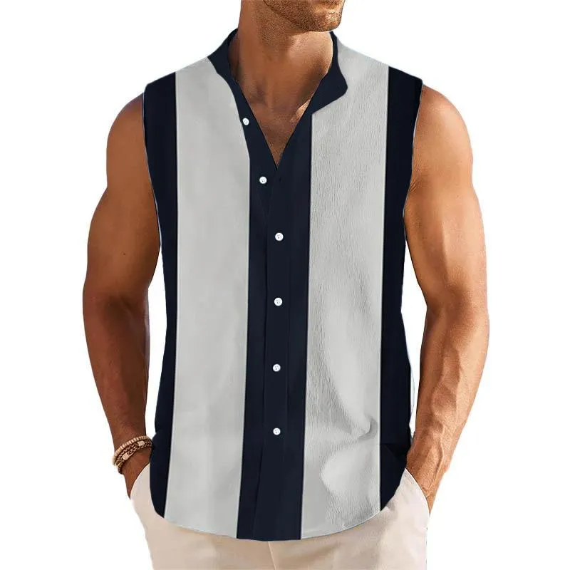 Men's Breathable Linen Lapel Beach Sleeveless Shirt 29241117YM