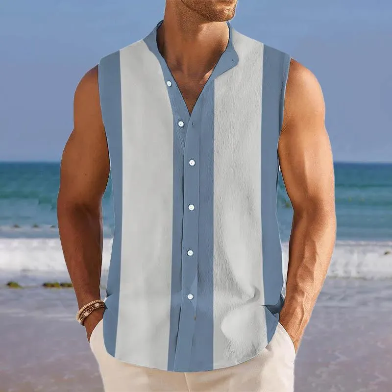 Men's Breathable Linen Lapel Beach Sleeveless Shirt 29241117YM