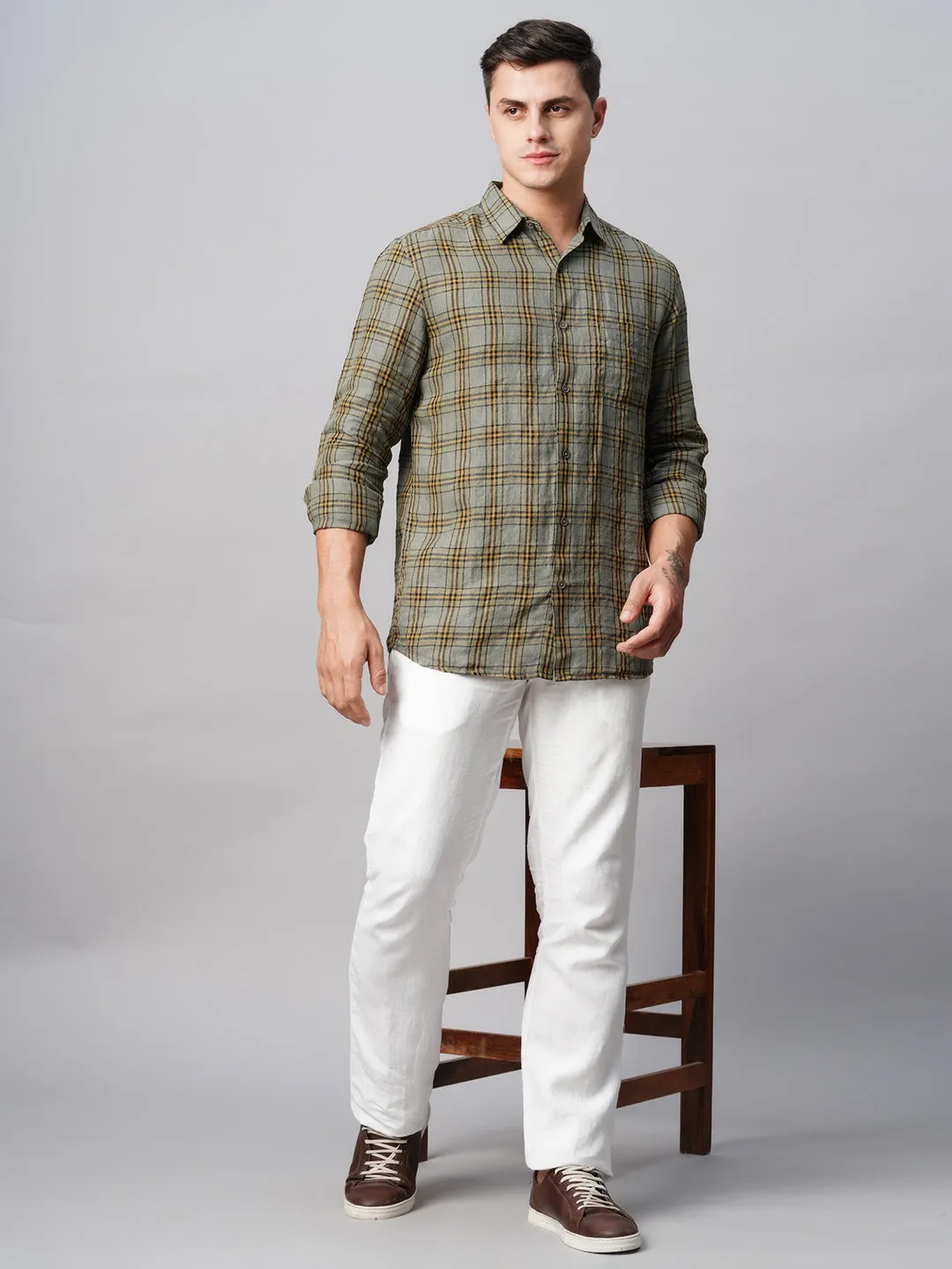 Men's Olive 100% Linen Regular Fit Checked Shirt