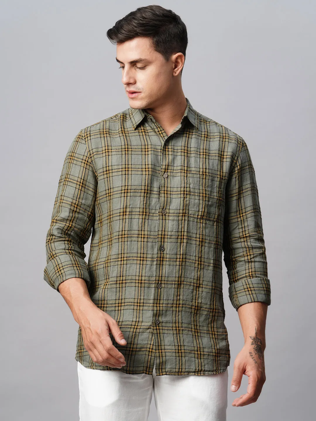 Men's Olive 100% Linen Regular Fit Checked Shirt