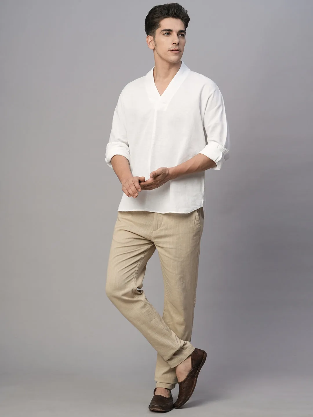 Men's White Cotton Linen Regular Fit Shirt