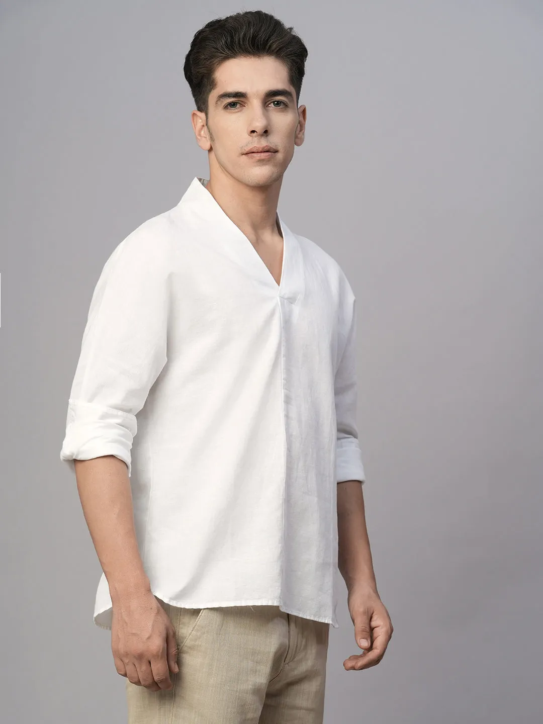 Men's White Cotton Linen Regular Fit Shirt