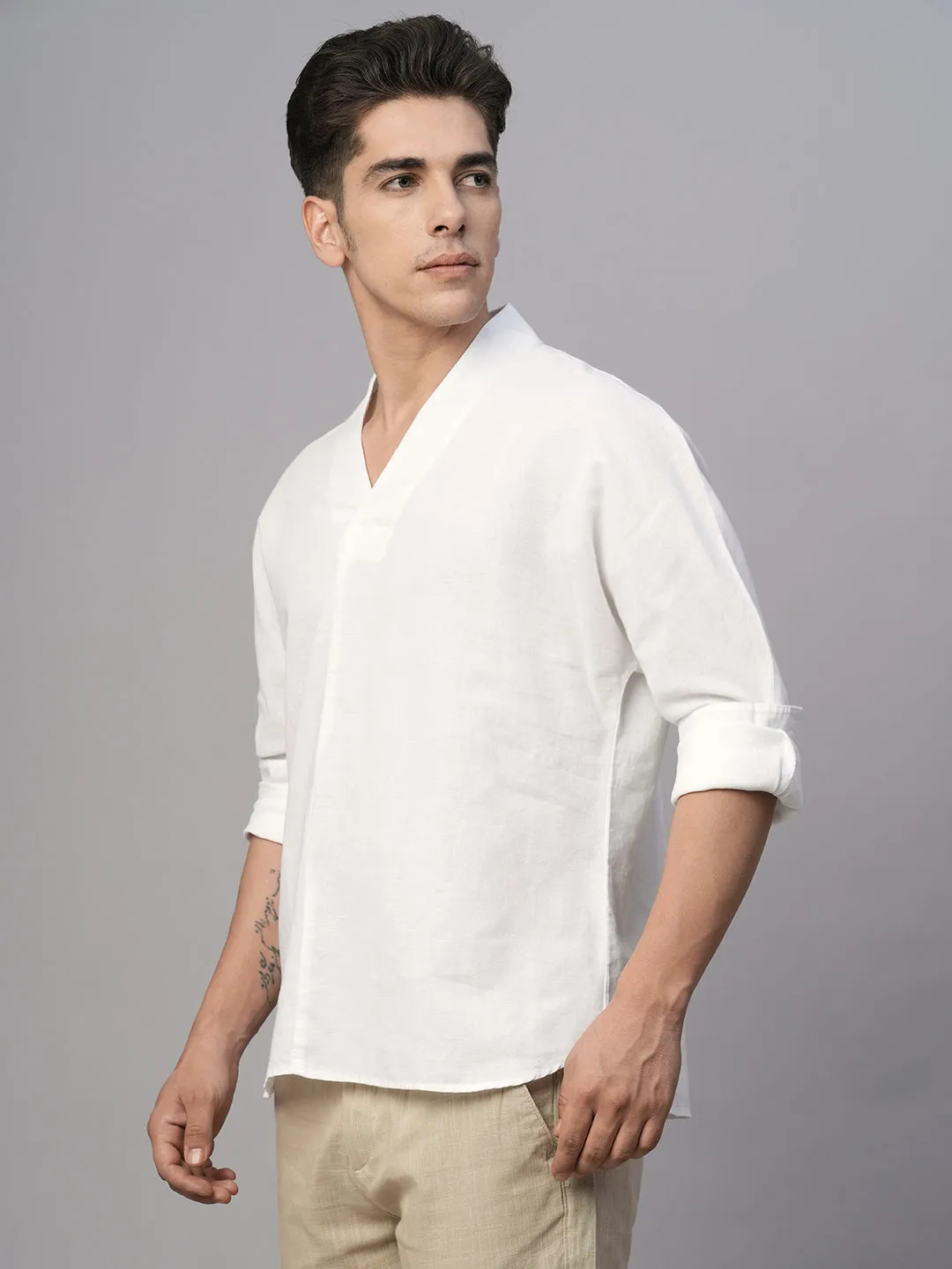 Men's White Cotton Linen Regular Fit Shirt