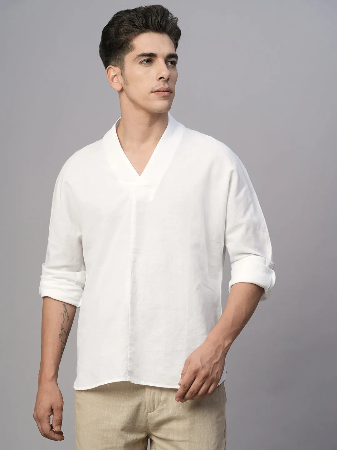 Men's White Cotton Linen Regular Fit Shirt