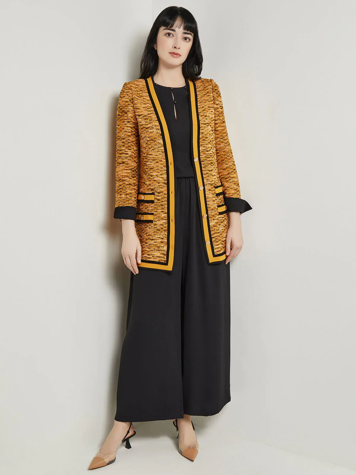 Misook Contrast Trim Tweed Knit Jacket - Ochre/Black/Multicolor