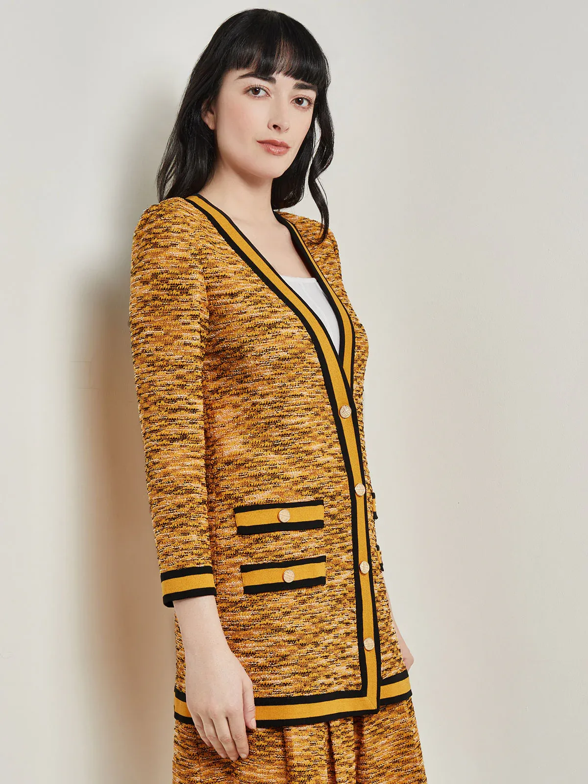 Misook Contrast Trim Tweed Knit Jacket - Ochre/Black/Multicolor