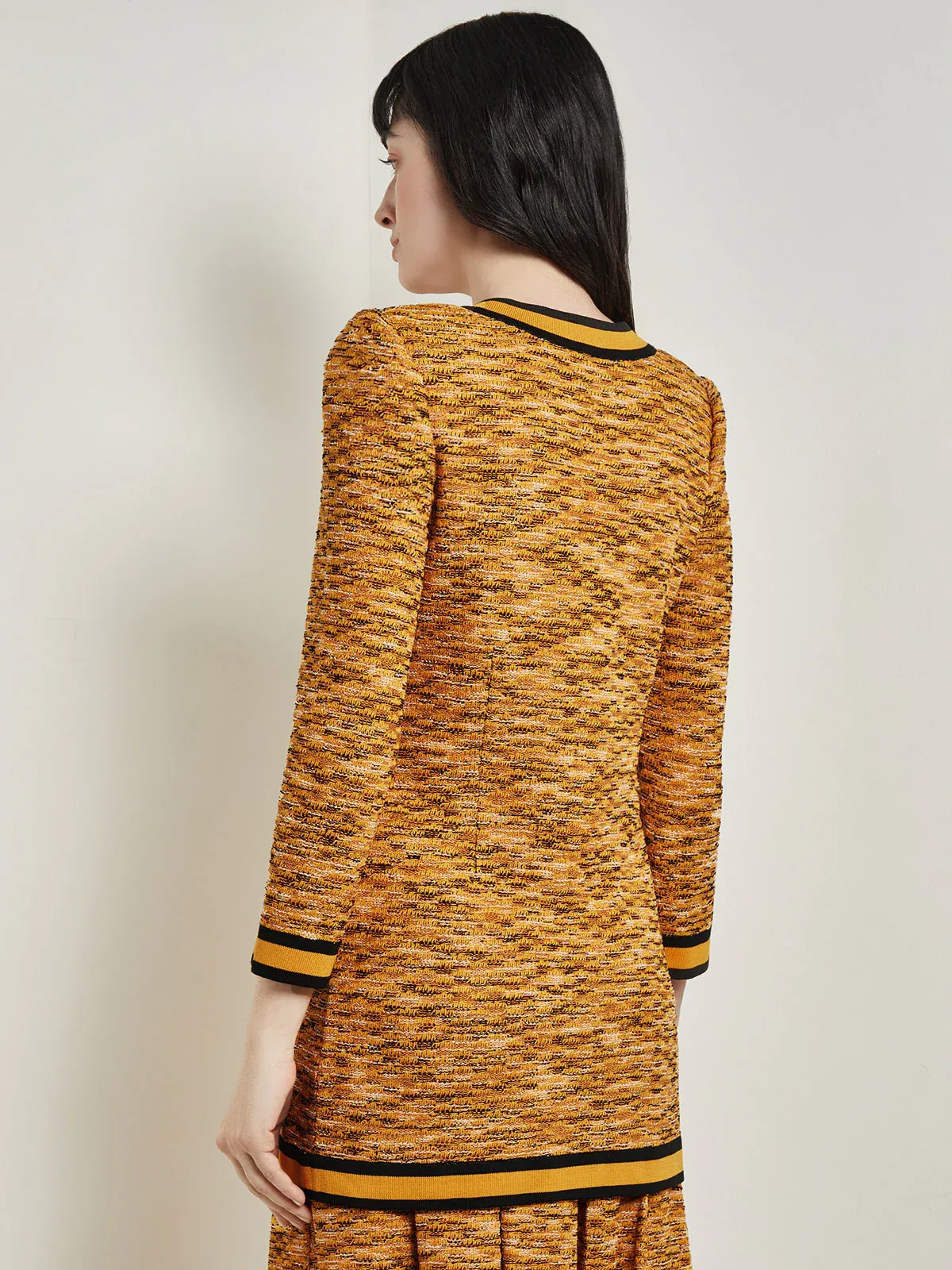 Misook Contrast Trim Tweed Knit Jacket - Ochre/Black/Multicolor