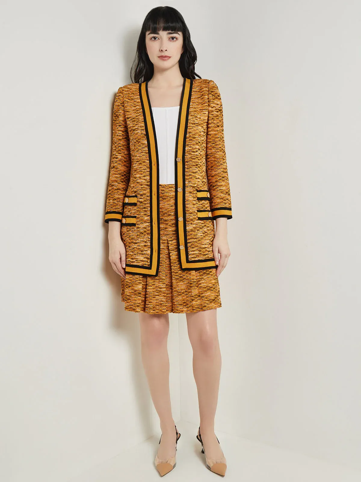 Misook Contrast Trim Tweed Knit Jacket - Ochre/Black/Multicolor