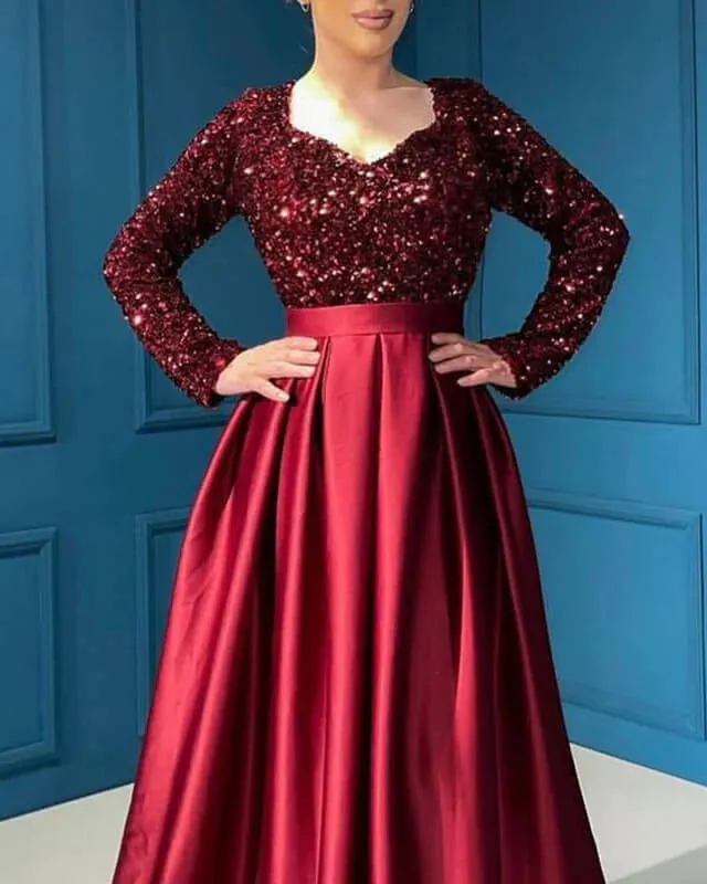 Modest Burgundy Satin V-neck Dress With Sequin Sleeves Prom Dresses