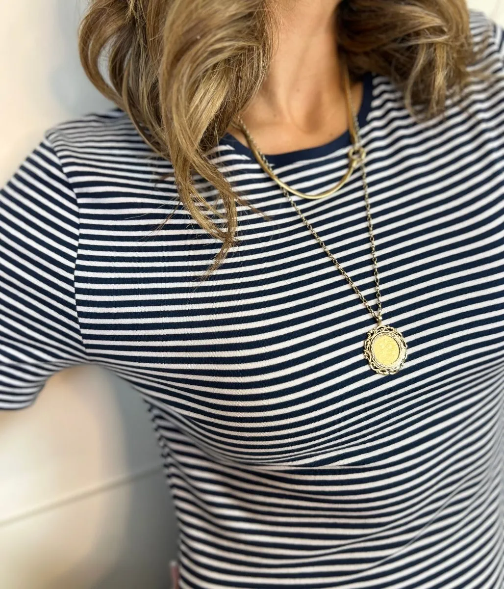 Navy Fine Striped Fitted Tee