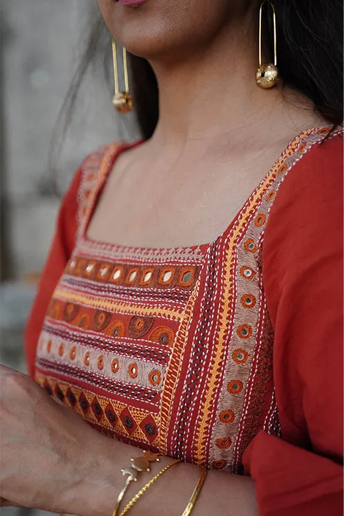 Okhai "Nritya" Hand-Embroidery and Mirrorwork Rust Pure Cotton Blouse